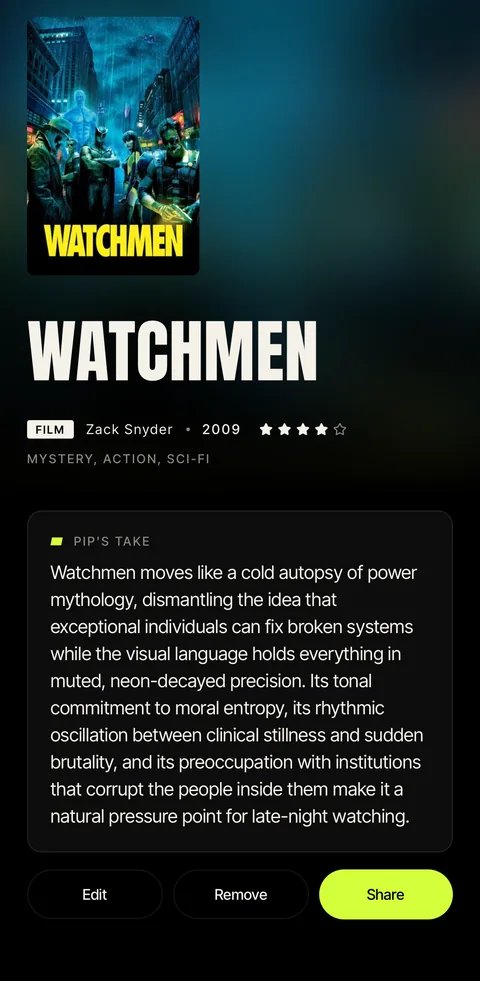 A film detail screen with Pip's take